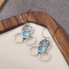 1 Pair Silver-Tone Round Blue Earrings, Creative Yet Minimalist Design, Fresh And Elegant Style, Ideal For Daily Wear And Formal Occasions, Great Gift For Women - Silver - View 2