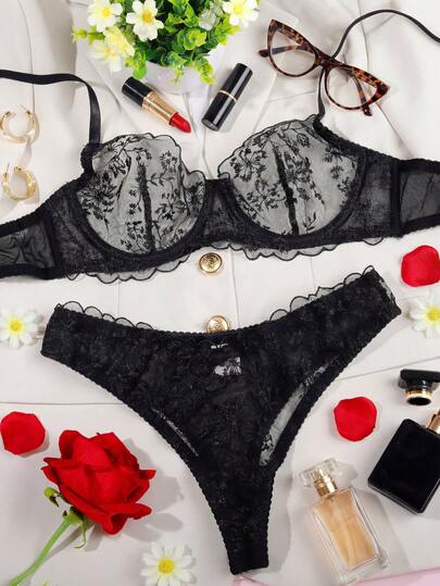 2pcs/Set Sexy Lingerie Women's Lace Bralette Camisole, Adjustable Spaghetti Strap Sheer Mesh Bra Set For Holiday Party