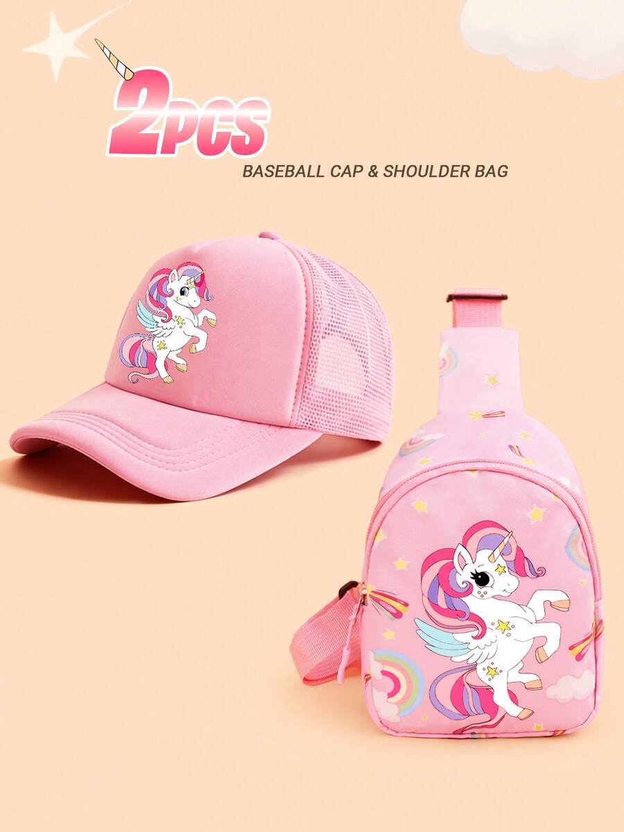 2pcs Set: Cartoon Rainbow Star Unicorn Baseball Cap + Chest Bag. Lightweight Breathable Trucker Hat For Sun Protection, Chest Bag With Adjustable Strap For Daily Storage Needs. Suitable For Daily Outings And Beach Vacations. - Pink - View 1