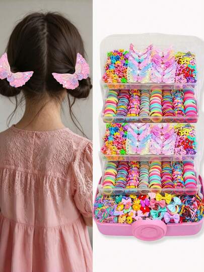 280/864/879/914 piezas/Set Accesorios para el cabello coloridos y kawaii, que incluyen scrunchies, pasadores de flores, pasadores de lazo, pasadores con diseños de animales lindos y letras, adecuados para niñas, se pueden usar para uso diario, fiestas, estilos vintage, dulces y escolares