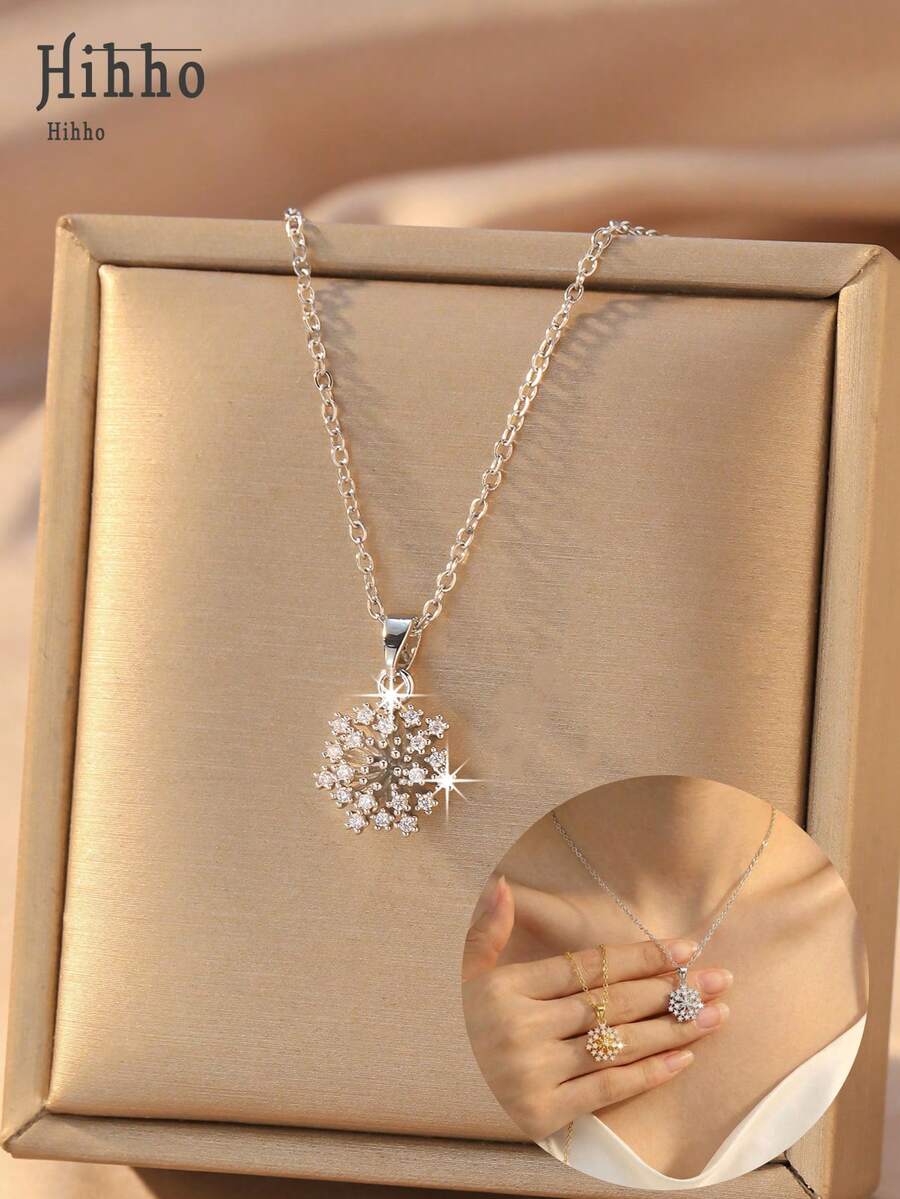 Hihho 1pc Fully Paved Zirconia Clavicle Chain, Dandelion Shaped Pendant Decorated With Multiple Small Zirconia Stones, Visually Enlarged Sparkling Effect, Lively And Exquisite, Suitable For Daily, Date, Holiday Outfits, Pair Well With Shirts, Dresses - Dandelion - View 1