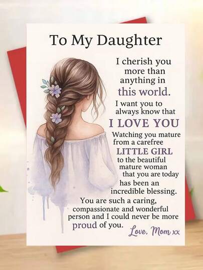 1pc, Loving "To My Daughter" Birthday Greeting Card. Includes Envelope, Smooth Matte Paper. Watercolor Girl Illustration & Mom's Love Message. Perfect For Daughters – The Ideal Sentimental Birthday Card (12cm/4.7in X 17cm/6.7in)