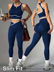 Dewbera Women's Hem Cropped Tank Top And Asymmetric Waist Leggings Sports Suit Gym Set Fitness Outfit Gym Leggings Set Women Ribbed Workout Set - Màu xanh hải quân - Xem 1