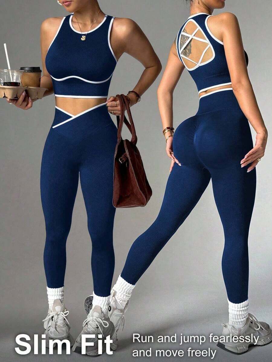 Dewbera Women's Hem Cropped Tank Top And Asymmetric Waist Leggings Sports Suit Gym Set Fitness Outfit Gym Leggings Set Women Ribbed Workout Set - Màu xanh hải quân - Xem 1