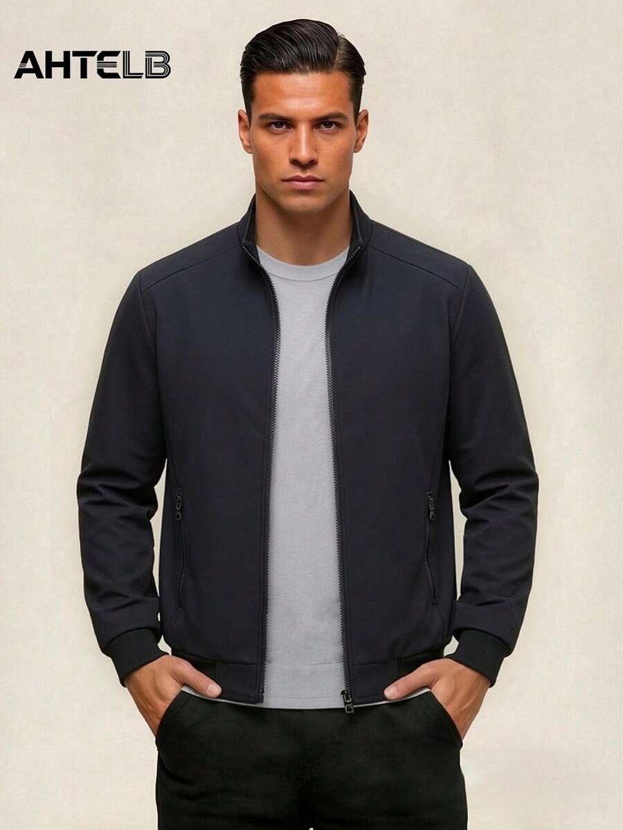 AHTELB Chaqueta de cuello alto para hombre primavera/otoño, chaqueta de entrenador de unicolor de moda casual, diseño de puños acanalados para deportes