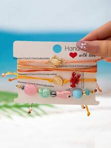 4pcs/Set Handmade Bohemian Style Ocean Theme Turtle, Red Lobster, Fish Pendant Bracelet, Suitable For Summer Beach Boho Accessories - Multicolor - View 3