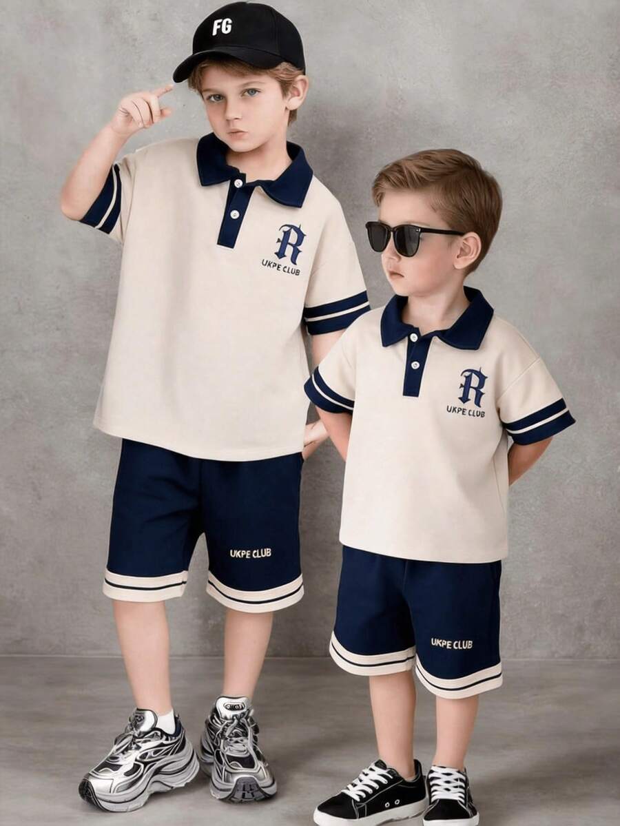Bộ 2 món cho bé trai: Áo polo in chữ cổ tay bo gân + Quần short in chữ viền bo gân. - Màu be - Xem 1