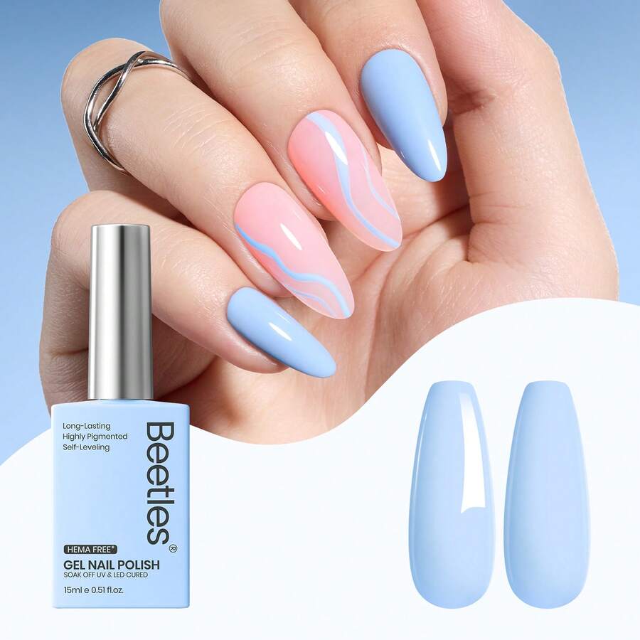 Beetles 15ML HEMA-Free Blue Memories Light Blue Gel Nail Polish, Soak Off UV LED, DIY Home & Salon Manicure, Ideal Gifts For Women Girls - Blue Memories - 查看 1