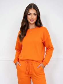 Women's Casual Long Sleeve Pants Set With Drawstring - Comfortable Winter/Autumn Fashion Blogger Style - Burnt Orange - View 6