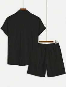 GOLDREDY Cardigan Rajut Tekstur Warna Polos Klasik untuk Pria dengan Resleting Penuh, Streetwear Minimalis Kasual, Set 2 Potong Lengan Pendek Terbaru untuk Musim Panas, Cocok untuk Pemakaian Sehari-hari dan Berpergian - Hitam - View 2