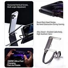 Invisible Holder Charger Cable With Stand, 240w Super Fast Charging 2-In-1 Fast Charging Cord & Phone Stand For Gaming, Office, Car Travel, Compatible With Type-C Charging Cable Black - Samsung - View 5