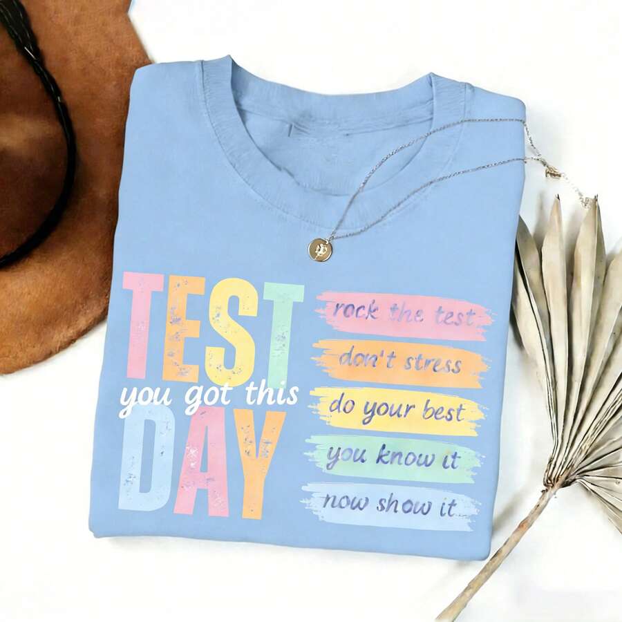 [Graphic Tee] 100% Cotton Test Day Teacher Shirt, State Testing Comfort TShirt, Test Coordinator Final Exam Week Teacher Team T-Shirt, Motivational Inspiration, Spring Tops, Summer Camisas, Autumn Short Sleeves Camiseta, S-7XL T-Shirt For All Body Types, Perfect For Dates, Outdoor Activities And Casual Wear - 藍色 - 查看 1
