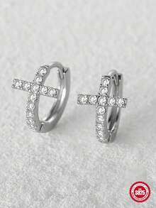 1 Đôi bông tai vòng nhỏ nhắn, thanh lịch bằng bạc sterling 925 mạ vàng 18K/bạc đính đá CZ hình thánh giá, không gây dị ứng, ít gây kích ứng, thích hợp làm quà tặng cho phụ nữ và bé gái, đeo hàng ngày, dự tiệc hoặc đám cưới. - Bạc - Xem 4