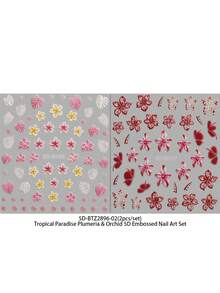 QIANJIKU 2片装热带风情5D立体美甲贴纸 - 3D纹理鸡蛋花和兰花美甲贴花 - 夏日度假风DIY装饰贴纸 - 适合海滩/派对/音乐节/春夏季节 - 彩色 - 查看 7