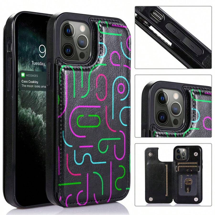 Una funda para iPhone 16 pro max con estampado Patrón abstracto líneas curvas colores brillantes, con diseño de múltiples ranuras y función de cartera, y cierre magnético de gran potencia | Acabado artesanal con textura de cuero, diseño unisex, ideal para el uso diario y como regalo - Negro - Ver 1