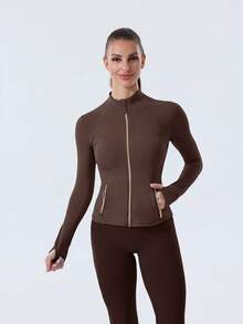 Women's High-Stretch Sculpting BBL Jacket With Thumb Holes Gold Zip Stand Collar Multi-Occasion Activewear Top - Espresso/Vàng - Xem 2