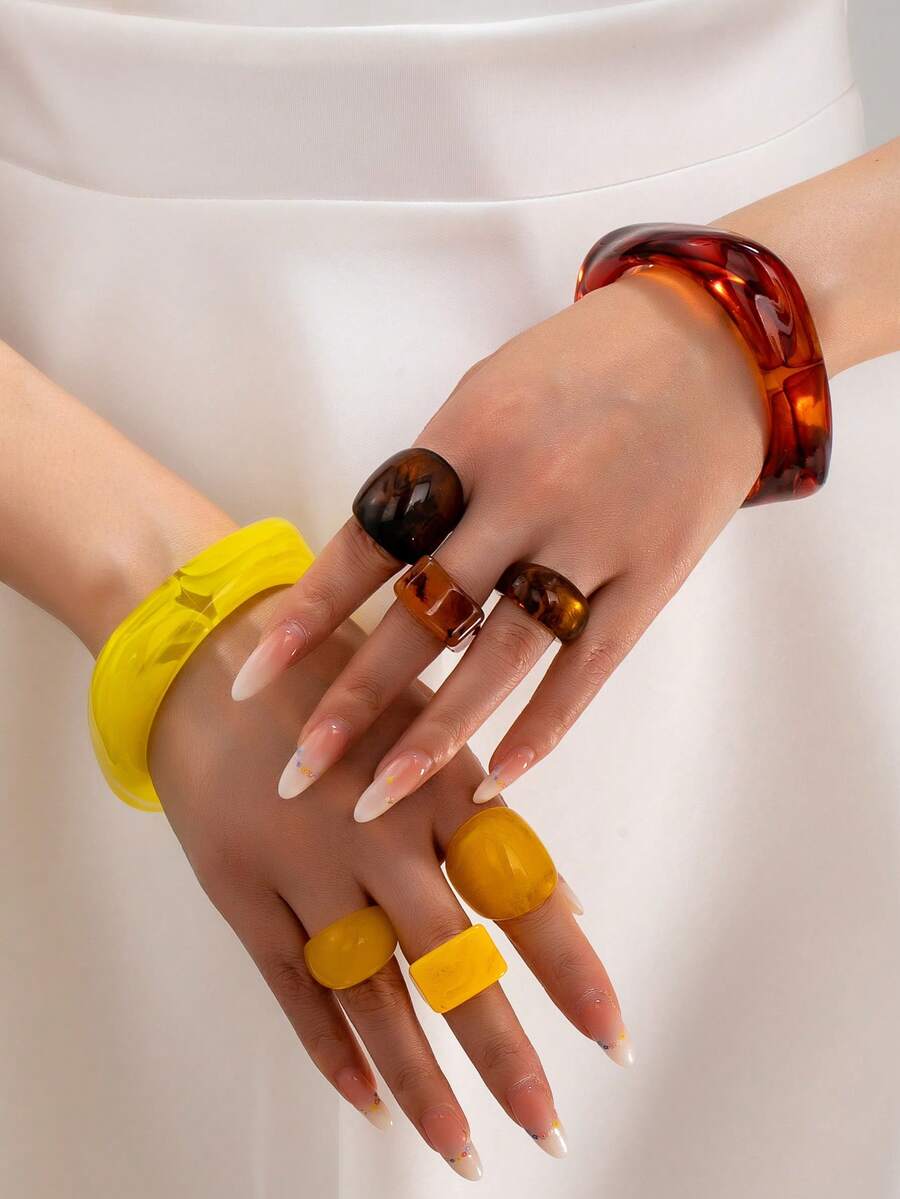 Bộ trang sức nữ 4 món, kiểu dáng retro thanh lịch với vòng tay và nhẫn acrylic, thích hợp cho đi biển, dự tiệc, tiệc chiêu đãi và đeo hàng ngày. - Màu vàng - Xem 1