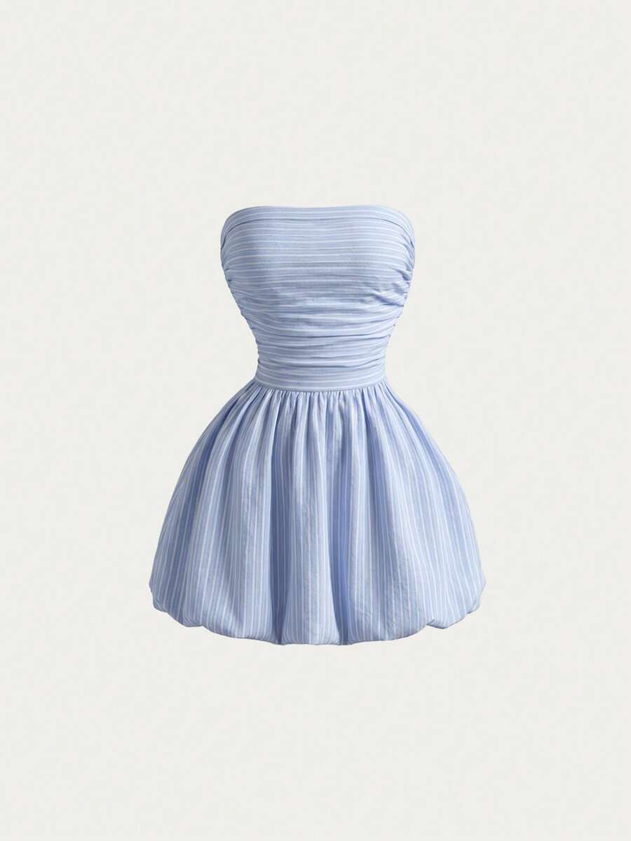 女士夏季条纹休闲性感波西米亚风度假露背荷叶边灯笼裙，短款抹胸连衣裙 - 藍白色 - 查看 1