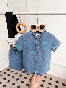 3pcs Infant Boy Summer Fashion Cool Casual Polo Collar Short Sleeve Top Paired With Casual Daily Shorts + Versatile Shawl Decor 3-Piece Set, Suitable For Daily, Outdoor, School, Commute, Street - Blue - View 4