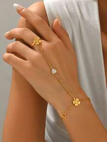 1pc Lucky Four-Leaf Clover Pendant Gold Chain Bracelet, Elegant Stainless Steel Beaded Bracelet, Heart Shell Pendant Bracelet, Waterproof Accessory, Suitable For Women's Daily Wear Or Gift - Gold - View 3