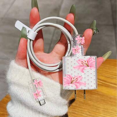 粉色波点芙蓉花图案充电线保护套，兼容20W苹果充电器，简约苹果充电器保护套，适用于20W 15/16 Pro Max充电线，防刮耐磨，适用于13/14 Plus/17/16 PROMAX