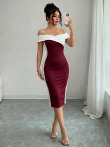 Vestido midi feminino elegante e moderno com cores contrastantes, modelo lápis de manga curta, ideal para festas no verão. - Borgonha - Ver 5