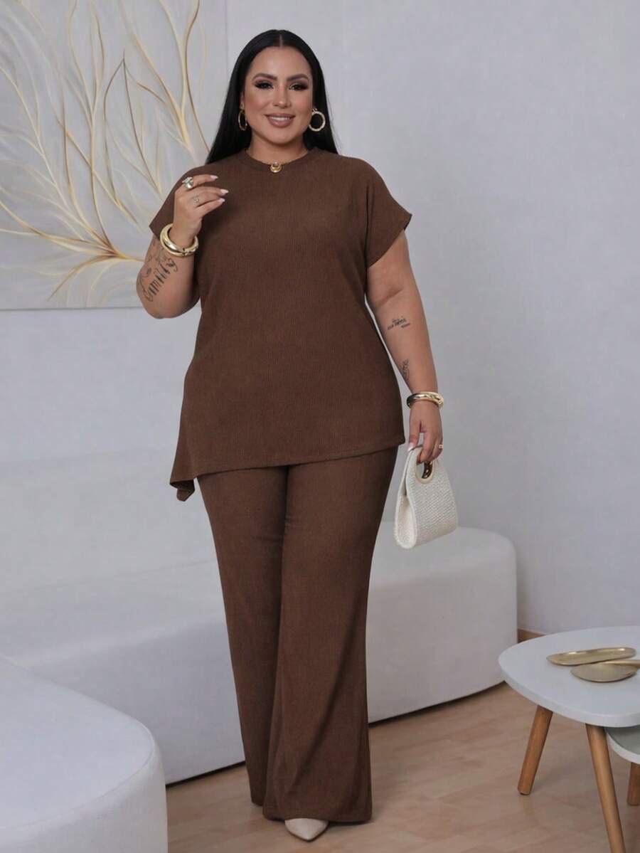 Women's Plus Size Elegant Asymmetrical Set In Premium Ribbed Anarruga Fabric, Short Sleeves, Wide-Leg Pants, Modern Look - Rust Brown - View 1