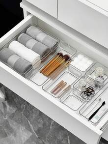 1/4/7 piezas Cajas organizadoras de cajón transparentes y claras, contenedores de almacenamiento de artículos pequeños minimalistas, soporte para herramientas de maquillaje y cosméticos, solución de organización de escritorio apilable para dormitorio, baño y cocina - Multicolor - Ver 3