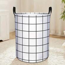 1 pieza Cesta de lavandería a cuadros clásica, caja de almacenamiento redonda móvil, caja de almacenamiento y organización de ropa sucia de uso múltiple, estilo escandinavo para el hogar - Blanco y Negro - Ver 1
