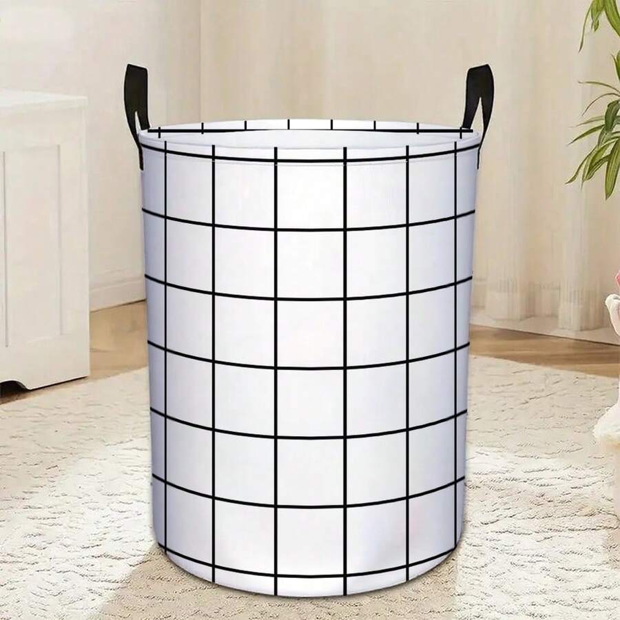 1 pieza Cesta de lavandería a cuadros clásica, caja de almacenamiento redonda móvil, caja de almacenamiento y organización de ropa sucia de uso múltiple, estilo escandinavo para el hogar - Blanco y Negro - Ver 1