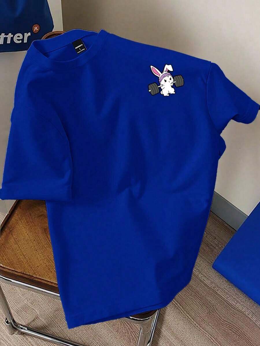 1pscClaim Dot Camiseta de manga corta con estampado de conejo de dibujos animados negro clásico y versátil para fitness, camiseta casual deportiva unisex de cuello redondo100% Cotton - Azul - Ver 1