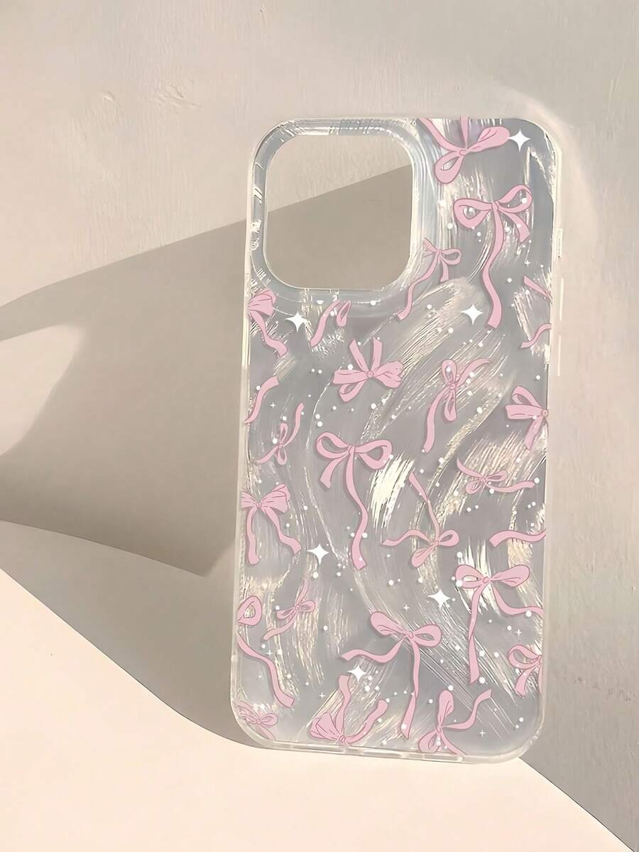1pc Pink Bow Polka Dot Hollow Feather Mesh Soft Phone Case Suitable For IPhone 11/12/13/14/15/16 Pro Max - Multicolor - View 1