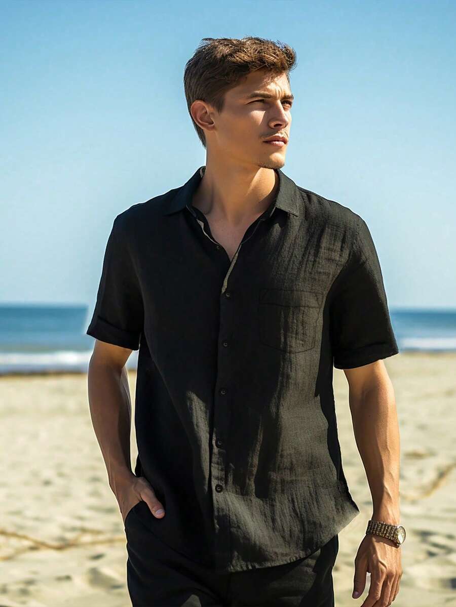 Men's Solid Color Casual Short Sleeve Shirt, Hawaii Resort & Beach - Black - View 1