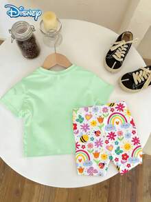 Disney Summer 2pcs Baby Girls Cute Minnie Mouse Print Short Sleeve T-Shirt And Shorts Set, Casual Children Daily Basic Floral Print Knit Round Neck Tee And Elastic Waist Pants, Outdoor Holiday Outfit - Mint Green - View 3