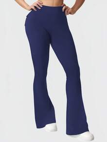 Women's Outdoor Pocket Bell Bottom Pants, Women's Tight Sports Yoga Pants, Casual Multi-Functional Solid Color Slim Fitting Work Pants, Hip Lifting Pants, Women's Classic Casual Sports Spring And Summer Styles - 藍色 - 查看 10
