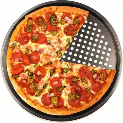 1pc Universal FCM In-Stock Pizza Pan With Holes, Pizza Tray, Cheese Pizza Baking Tray, Oven Baking Tray, Barbecue Meat Tray, Commercial Large Baking Pan. Even Heat Conduction, Breathable, Non-Deformation, Easy To Clean, Pure Metal Texture, Perforated Design, Deepened Rim, Carbon Steel Non-Stick Coating, Commercial & Household Baking Oven, Barbecue, Pizza Shop, Western Cuisine, Party Gathering