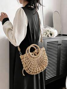 1pc Half-Moon Hollow Out Handbag, Fashionable Beach Vacation Straw Woven Bag,Vacation Bag For Summer, Perfect For Beach Vacation, Travel, Shopping, And Vacation Essentials, Eye-Catching Beach Bag Summer, Summer Straw Beach Bag For Women, Hottest Beach Bags For Women, Fashion Summer Vacation Bag, Beach Essentials Women Bags For Vacation & Holiday, Newest Holiday Bag ,Vacation Essentials , Beach Bag, Vacation, Woven Bag, Straw Bag - Màu Khaki - Xem 7