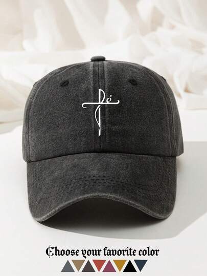 1pc Unisex Adjustable Size FE Letter Printed Washed Denim Casual Baseball Cap, Vintage Distressed Style, Suitable For Outdoor, Daily Wear, Beach, Camping, Travel, Gift