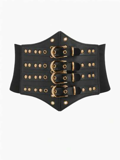 1pc Women's Street Style Black Metal Buckle Sexy Slimming Adjustable Wide Waist Belt, Suitable For Dresses, Sweaters, Casual Outfits