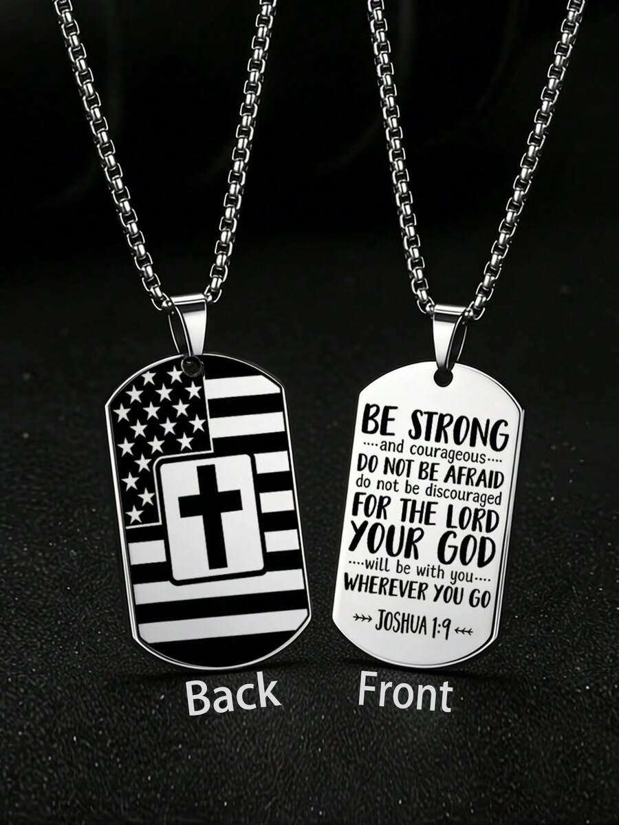 suteyi Men's Dog Tag Cross Necklace, Double-Sided Engraved American Flag And Bible Verse Pendant, Christian Baptism Jewelry Gift - Silver - View 1