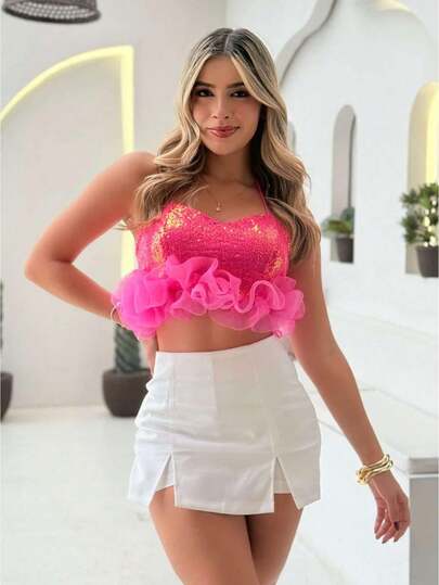 Women's Sparkly Hot Pink Sequin Crop Top, Halter Neck Ruffle Organza Trim Cami, Sexy Glitter Short Camisole For Party Club Nightout