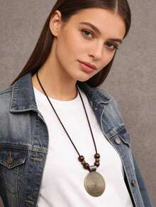 1pc Threaded Wooden Beaded & Geometric Shape Alloy Pendant Necklace For Women, Vintage Sweater Chain - Bronze - View 4
