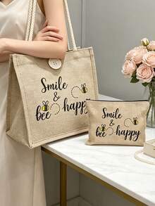 Women'S Multifunctional Tote Bag,Aesthetic Honey Bee Bag,Printed With Cute Bee And Heart Patterns, Holiday Style Letter Design Shopping Bag, Suitable For Weddings, Birthdays, Beaches And Various Festivals, Linen Handbag, Teacher'S Day Gift Bag, Portable Lightweight Foldable Storage Bag, Simple And Versatile - Multicolor - View 7