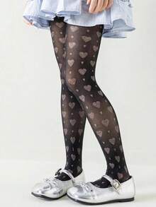 1pc Girls' Spring/Summer Patterned Heart Cartoon Stirrup Tights, Stretchy - Multicolor - View 2