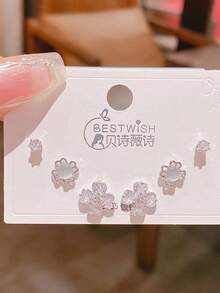 2026新款三对装四叶草花朵设计耳环，小众优雅奢华闪亮耳环六件套，四叶草花朵耳钉 - 四葉草套裝 - 查看 6