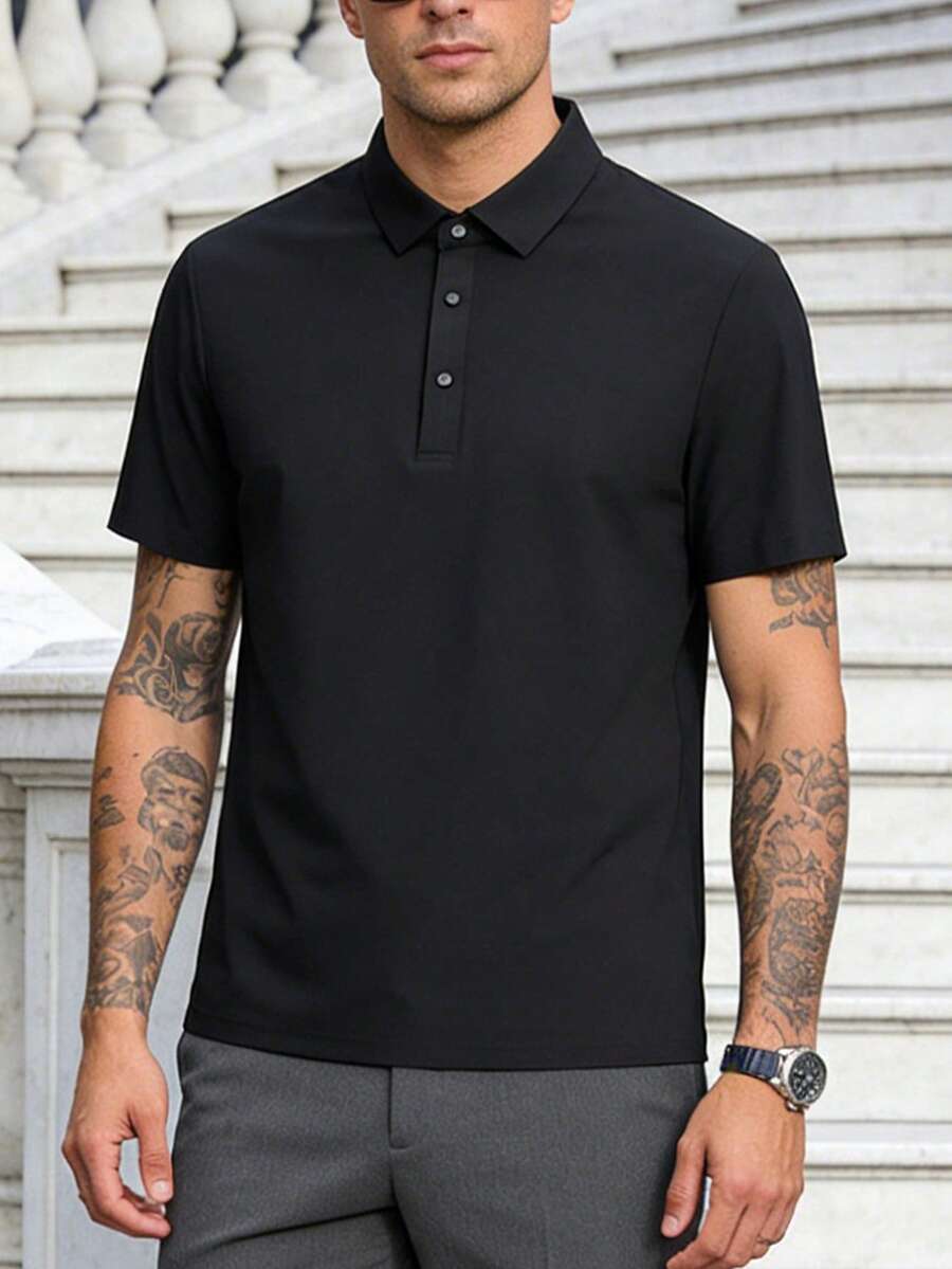 1 chiếc áo polo nam cổ điển mùa hè - tay ngắn có cổ cài nút, phù hợp cho phong cách công sở thường ngày và mặc thể thao hàng ngày - màu đen - Xem 1