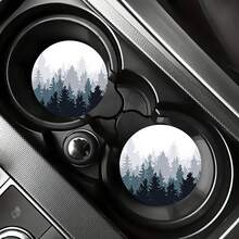 2pcs Fresh Pine Tree Forest Car Cup Holders, 2.8 Inch Round Decorative Car Cup Mats, Home And Auto Water Cup Coasters, Unisex Car Interior Accessories, Decorative Coasters, Suitable As Gifts For Family And Friends On Holidays And Birthdays - Car Coasters - View 6