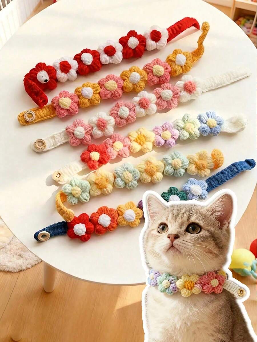 1 pieza/2 piezas Pañuelo para mascotas hecho a mano | Ajustable, sin ahogar, collar de perro y gato pequeño con estampado floral de poliéster, suave y duradero, adecuado para sesiones de fotos y paseos - Multicolor - Ver 1