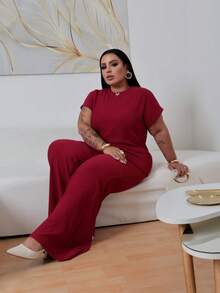 Women's Plus Size Elegant Asymmetrical Set In Premium Ribbed Anarruga Fabric, Short Sleeves, Wide-Leg Pants, Modern Look - Redwood - View 3