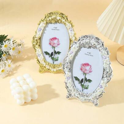 1 European Retro Oval Photo Frame With Pearl Border Retro Carving, 6 Inches, Suitable For Home, Office, Living Room, Bedroom Decoration, And Can Also Be Given As A Birthday Gift Or Holiday Gift To Friends And Family (Inner Lining Paper Is Randomly Shipped)